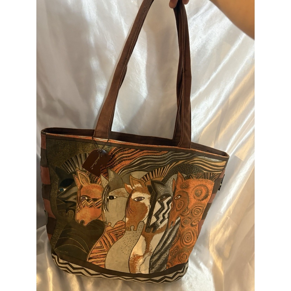 Laurel Burch Indigo Horses Canvas Tote Bag Large Brown Orange Southwestern Art